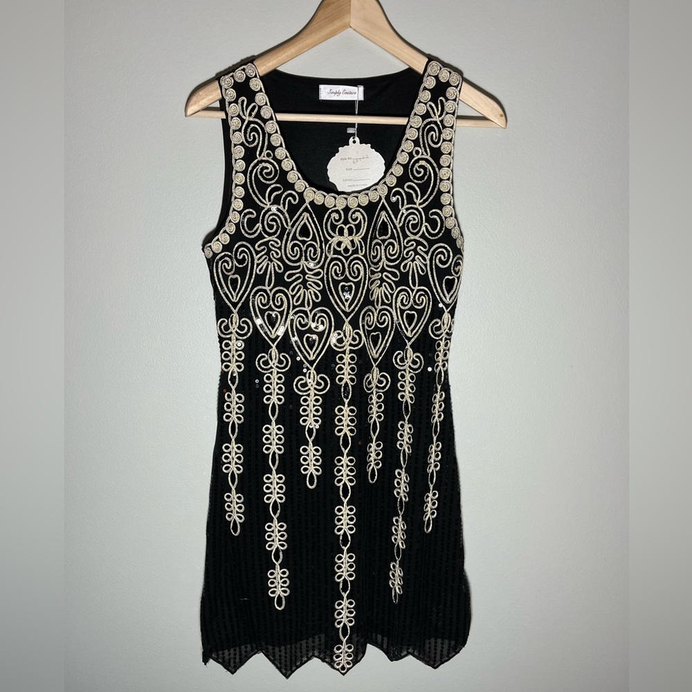 Simply Couture Black Sequin Embroidered Sheer Sleeveless Dress/Top Medium NWT
